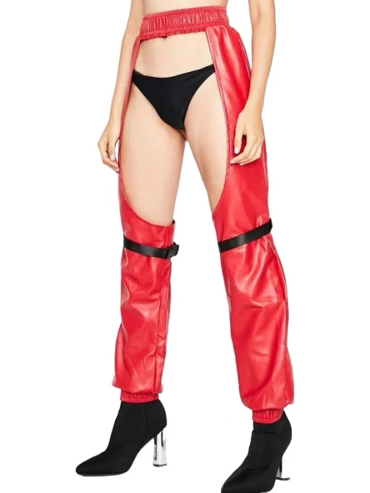 Elastic Waist Red Leather Chaps