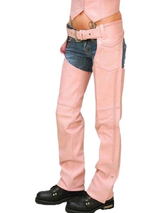 Snap Buttons Hem Pink Leather Chaps