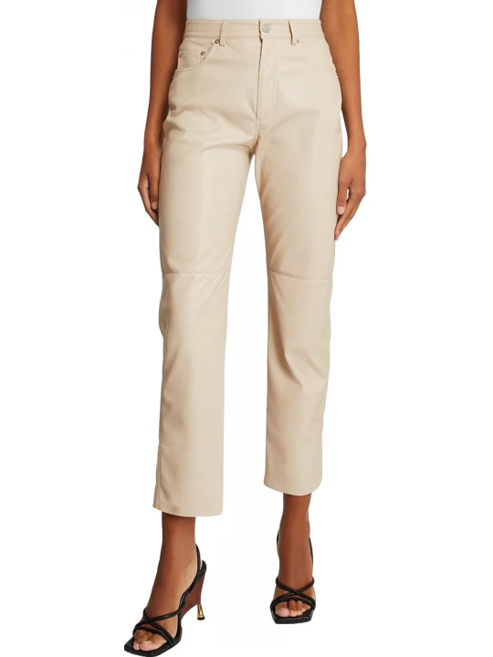 Beige Leather Flare Jeans