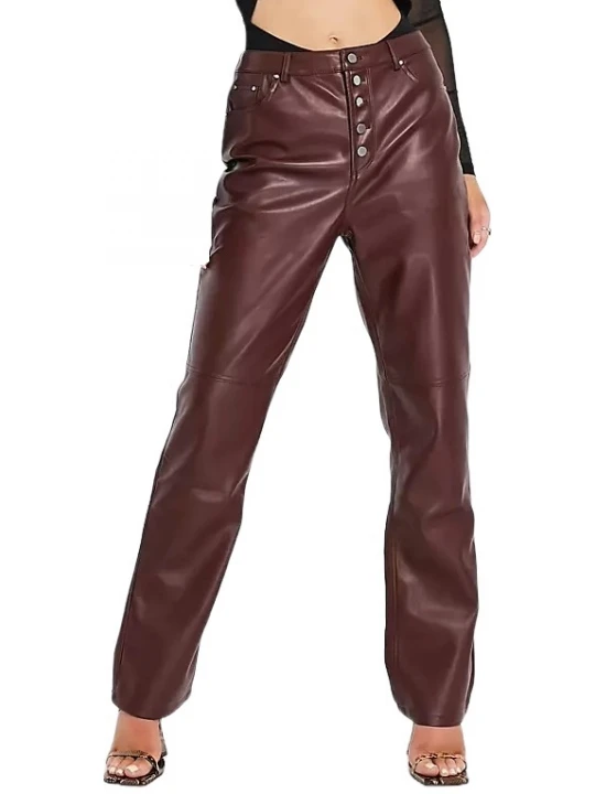 Button Front Leather Jeans In Burgundy