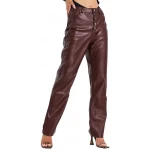 Button Front Leather Jeans In Burgundy