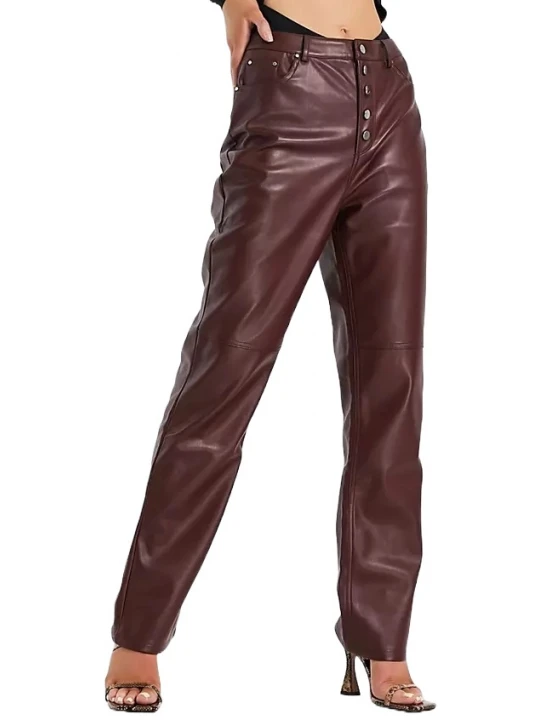 Button Front Leather Jeans In Burgundy
