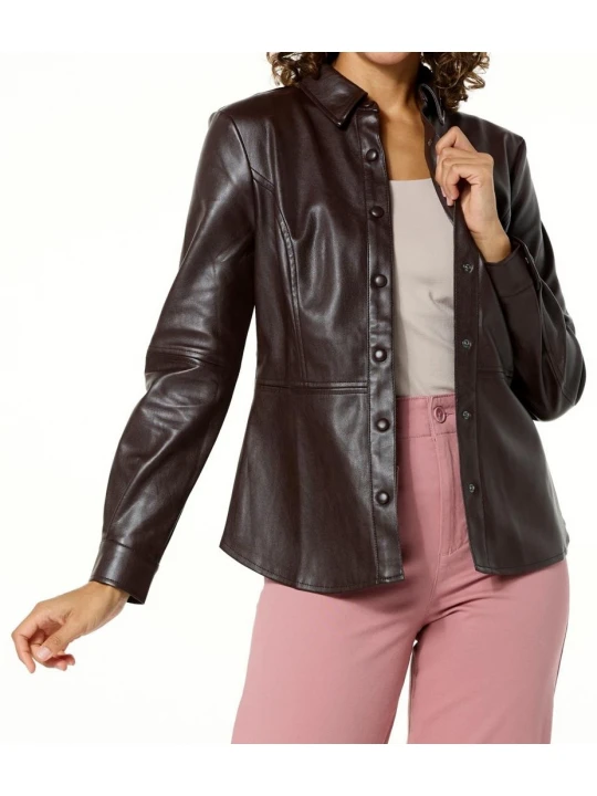 Banded Snap Cuffs Brown Leather Shirt