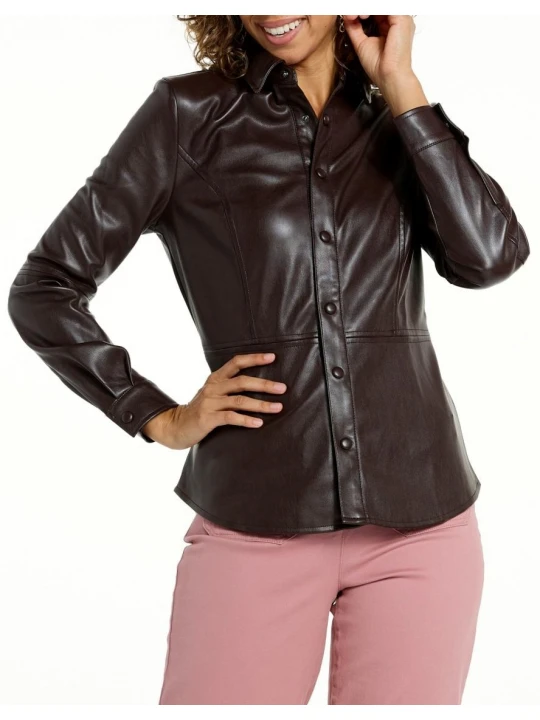 Banded Snap Cuffs Brown Leather Shirt