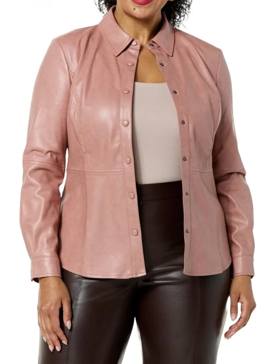 Banded Snap Cuffs Pink Leather Shirt