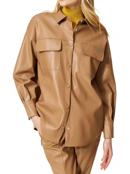 Beige Leather Shirt With Pockets