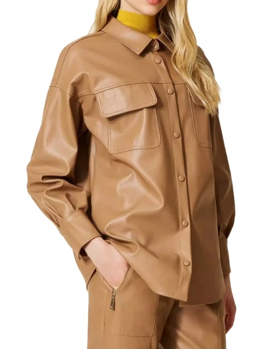 Beige Leather Shirt With Pockets