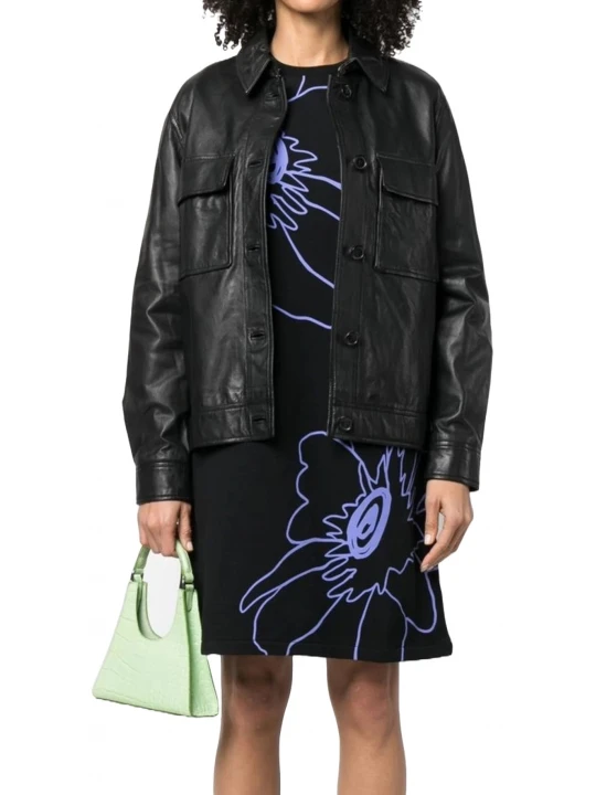Black Button Up Leather Shirt Jacket