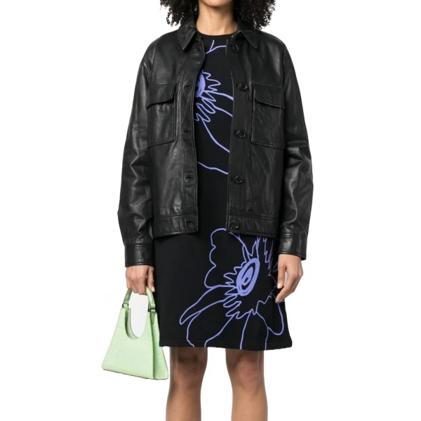 Black Button Up Leather Shirt Jacket