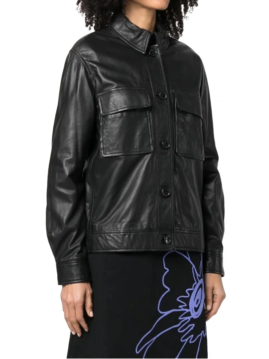 Black Button Up Leather Shirt Jacket