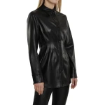 Black Leather Button Up Pintuck Shirt