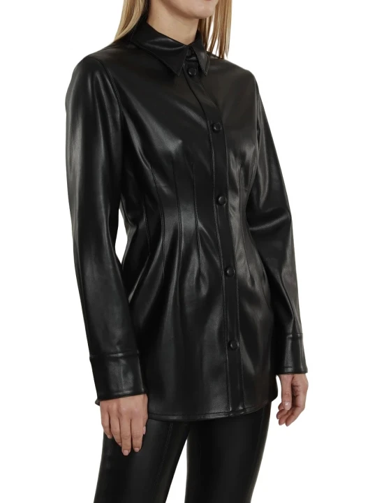 Black Leather Button Up Pintuck Shirt