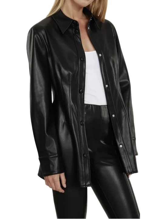 Black Leather Button Up Pintuck Shirt