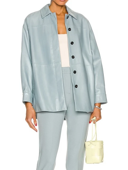 Blue Button Up Leather Shirt Jacket