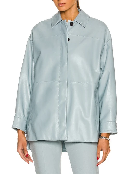 Blue Button Up Leather Shirt Jacket