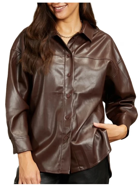 Brown Button Up Leather Shirt Jacket