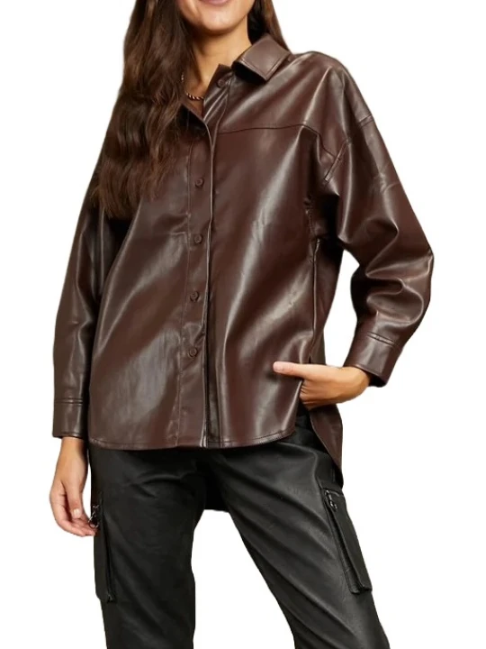 Brown Button Up Leather Shirt Jacket