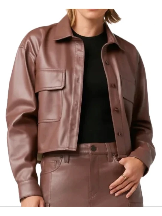 Brown Flap Pockets Leather Shirt