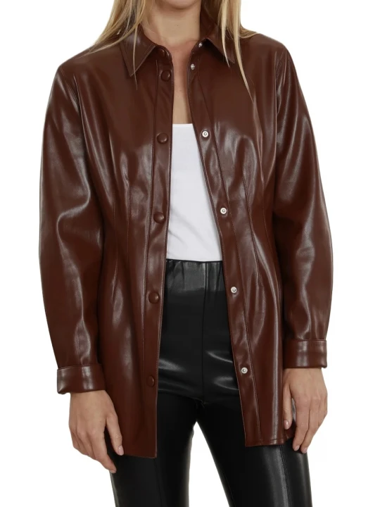 Brown Leather Button Up Pintuck Shirt