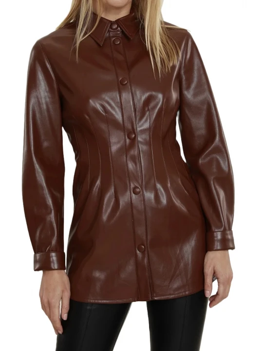 Brown Leather Button Up Pintuck Shirt