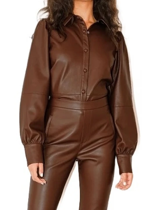Brown Leather Long Sleeve Shirt Top