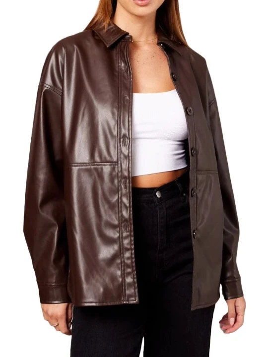 Brown Leather Long Sleeves Shirt