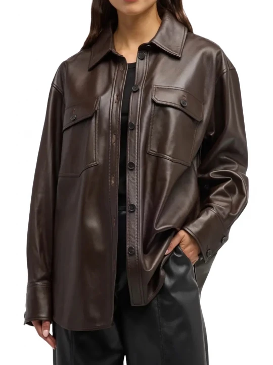 Brown Oversized Leather Shirt Jacket
