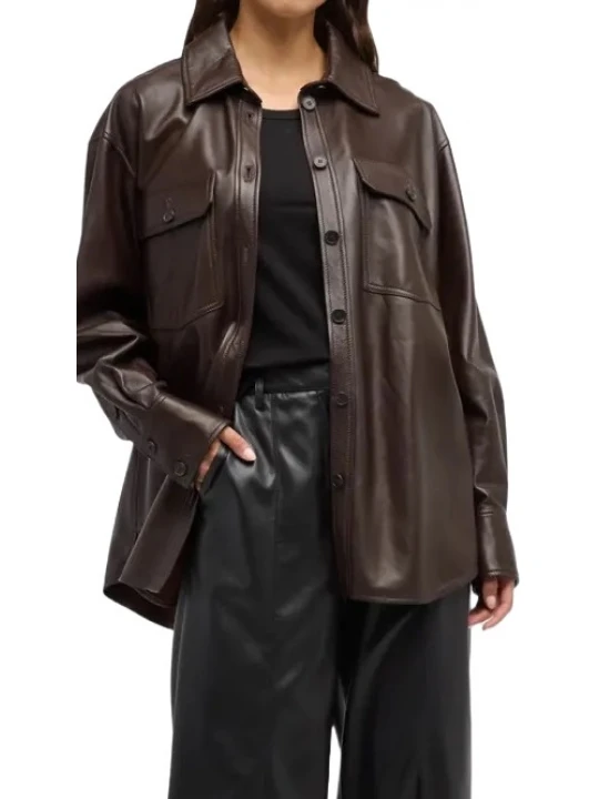 Brown Oversized Leather Shirt Jacket