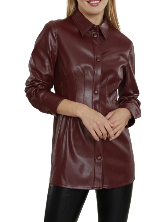 Burgundy Leather Button Up Pintuck Shirt