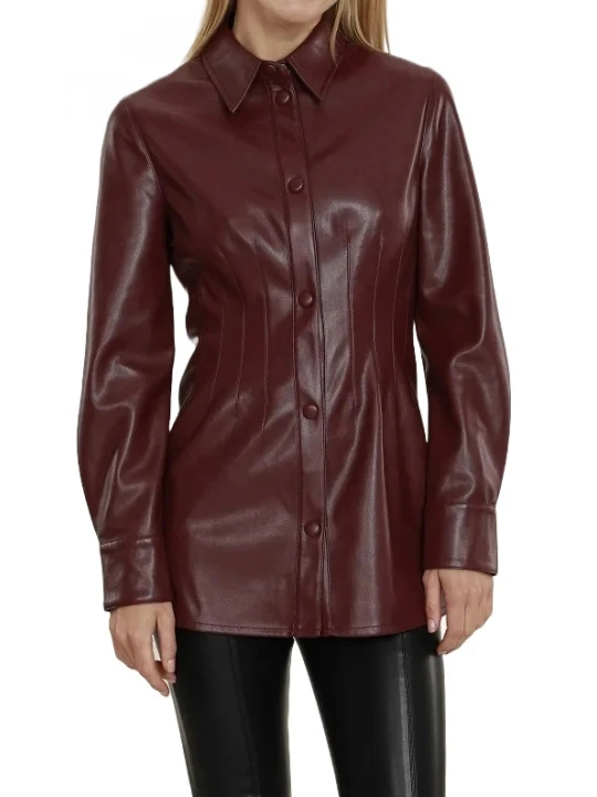 Burgundy Leather Button Up Pintuck Shirt