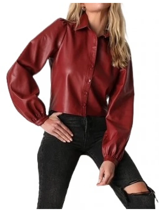 Burgundy Leather Button Up Shirt Top