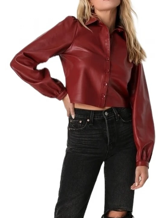 Burgundy Leather Button Up Shirt Top
