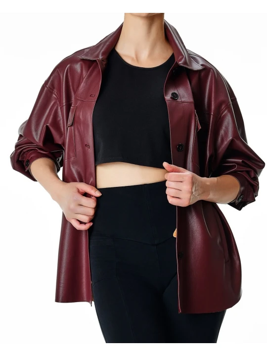 Burgundy Leather Shirt Jacket