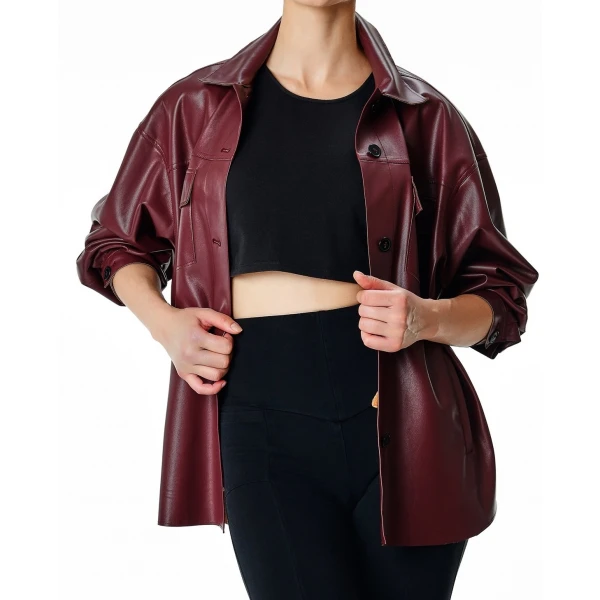 Burgundy Leather Shirt Jacket