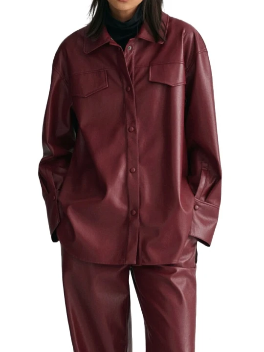 Burgundy Relaxed Fit Leather Overshirt