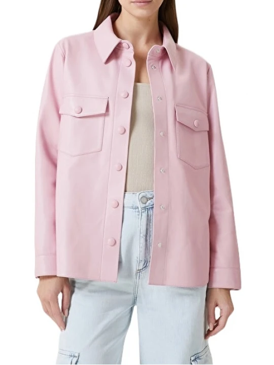 Button Closure Pink Leather Shirt