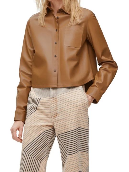 Buttoned Cuffs Brown Leather Shirts