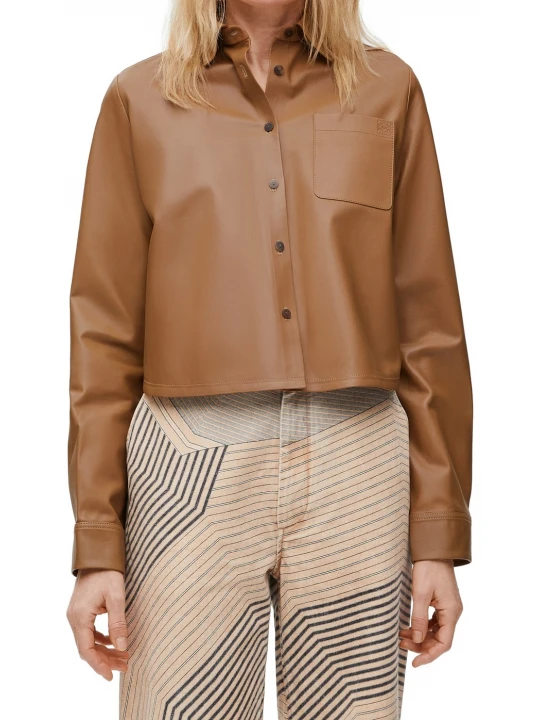 Buttoned Cuffs Brown Leather Shirts