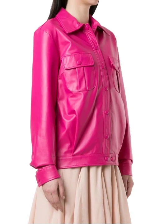 Classic Collar Leather Shirt In Pink