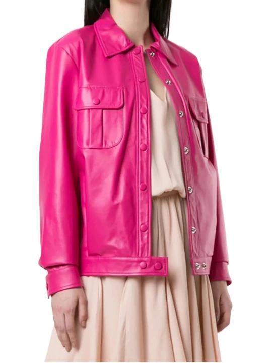 Classic Collar Leather Shirt In Pink