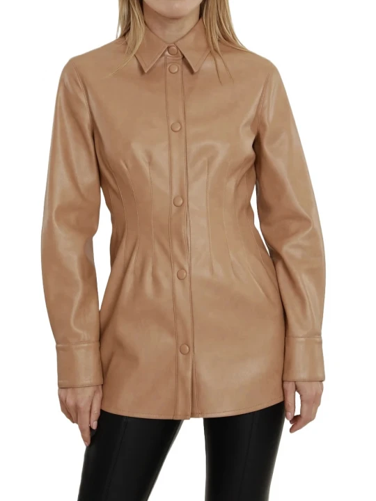 Cognac Leather Button Up Pintuck Shirt
