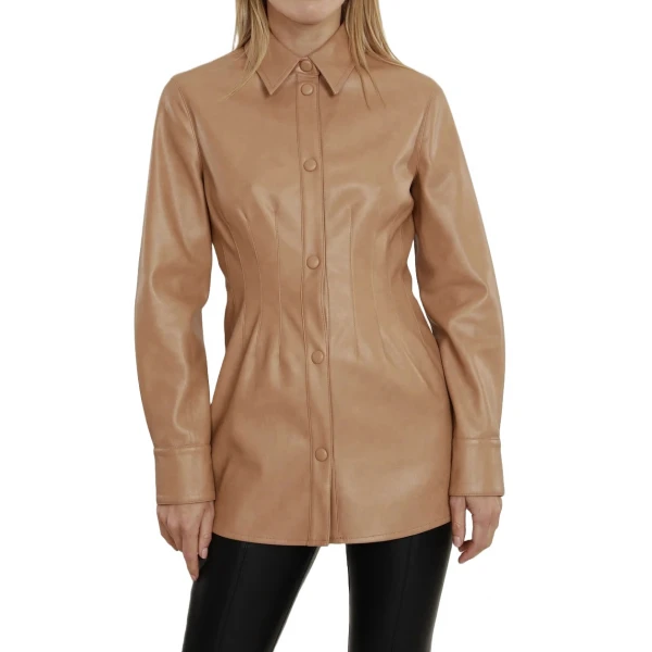 Cognac Leather Button Up Pintuck Shirt