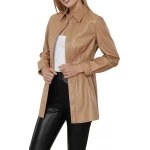 Cognac Leather Button Up Pintuck Shirt