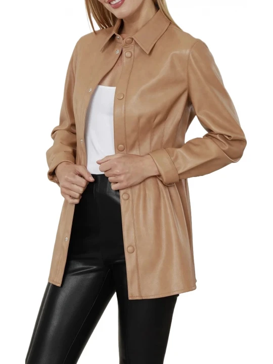 Cognac Leather Button Up Pintuck Shirt