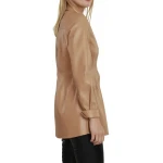 Cognac Leather Button Up Pintuck Shirt