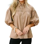 Collared Neckline Beige Leather Blouse