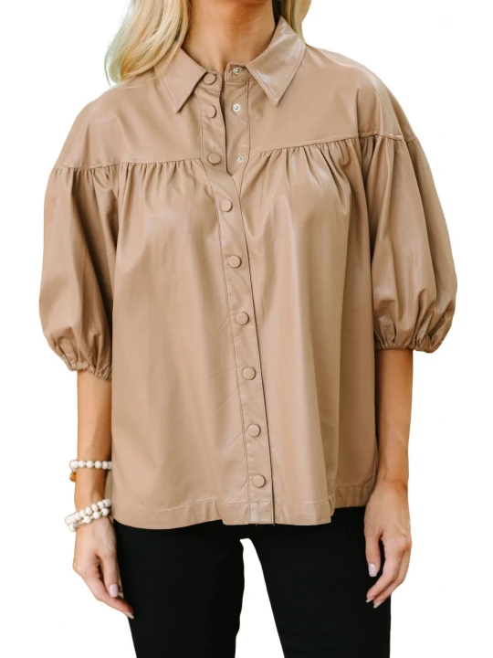 Collared Neckline Beige Leather Blouse