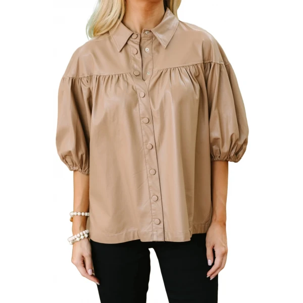 Collared Neckline Beige Leather Blouse