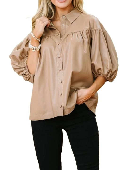 Collared Neckline Beige Leather Blouse