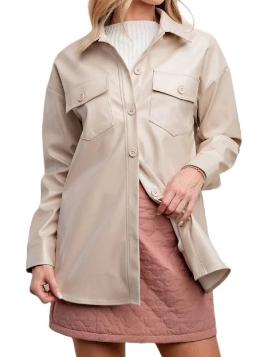 Cream Oversized Leather Shirt Jacket
